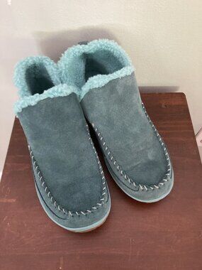 L.L.Bean Women's Mountain Slipper Boot Mocs Berber Fleece Lined Size 8 Teal Blue